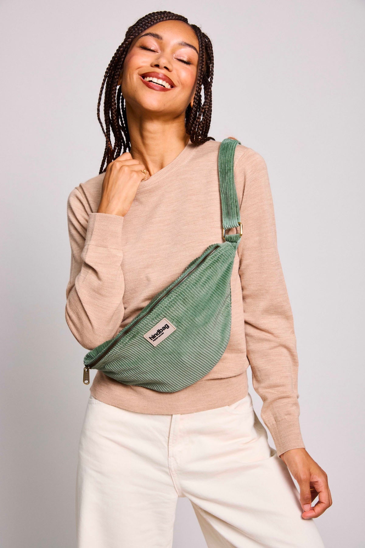 L Sasha fanny pack in mint green corduroy