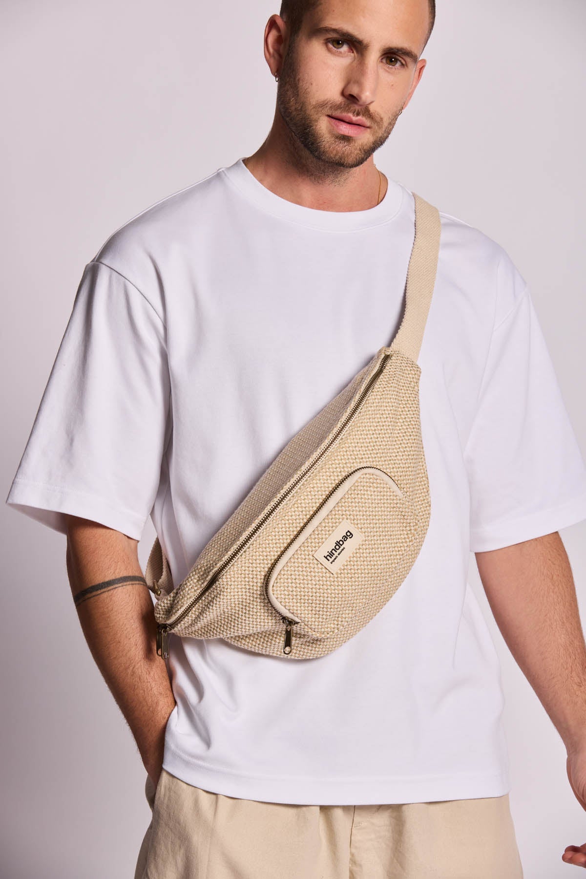 Sofia nude woven bum bag